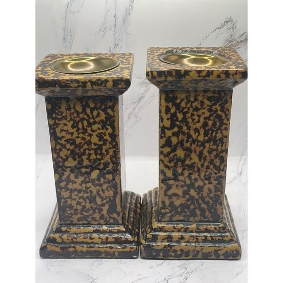 Vintage MCM Set of 2 Tortoise Pillar Wood Brass Candle Holders 6" & 6.25" Tall - Picture 1 of 5